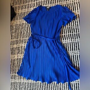 DKNY Royal Blue Pleated Short Sleeve Belted Dress